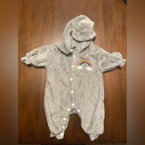 SHEIN Gray Hooded Baby One-Piece with Rainbow Patch